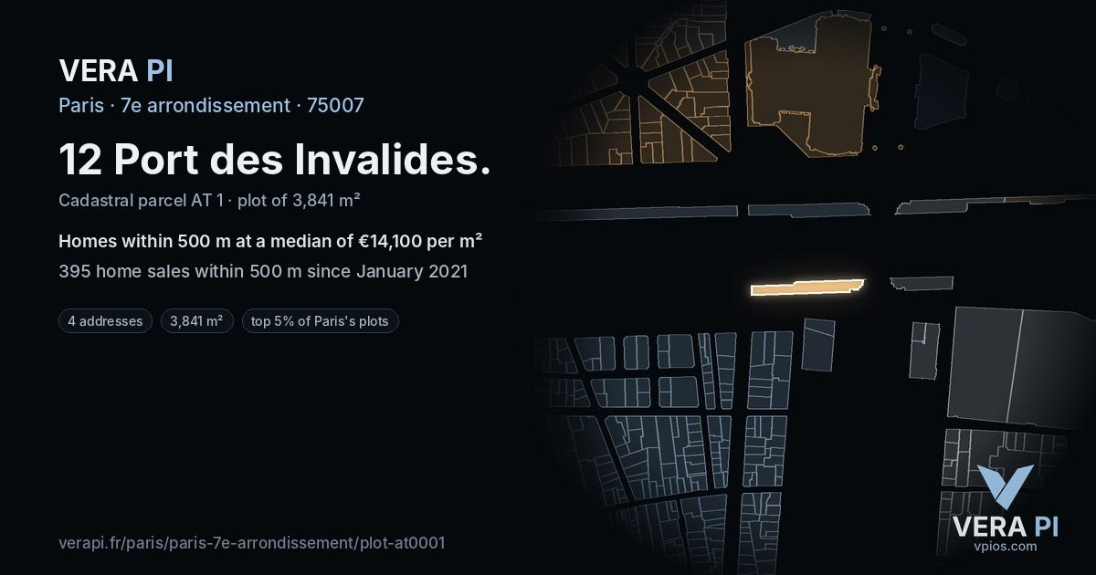 12 Port des Invalides, 7e arrondissement at night – the plot lit, the parcels around coloured by the prices near them