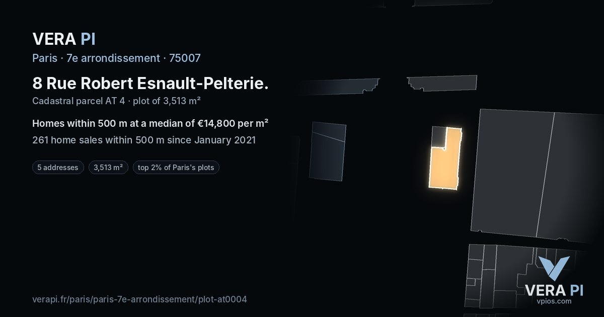 8 Rue Robert Esnault-Pelterie, 7e arrondissement at night – the plot lit, the parcels around coloured by the prices near them