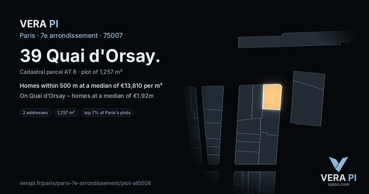 39 Quai d'Orsay, 7e arrondissement at night – the plot lit, the parcels around coloured by the prices near them
