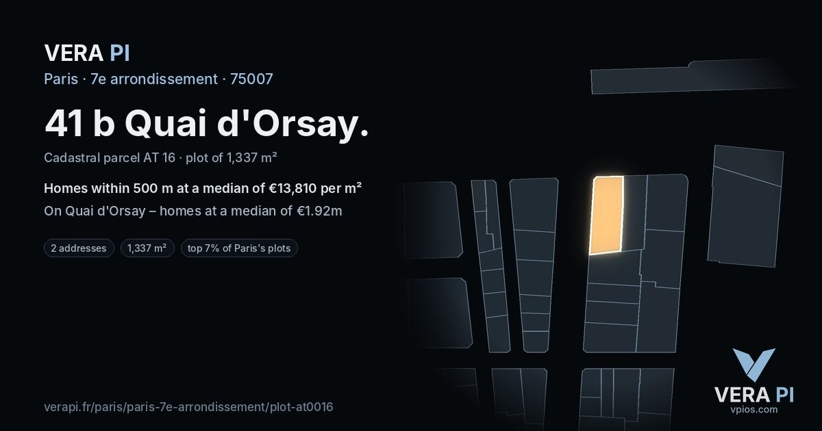 41 b Quai d'Orsay, 7e arrondissement at night – the plot lit, the parcels around coloured by the prices near them