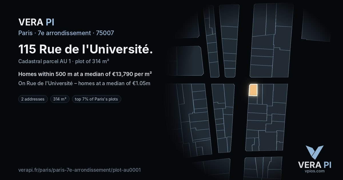 115 Rue de l'Université, 7e arrondissement at night – the plot lit, the parcels around coloured by the prices near them