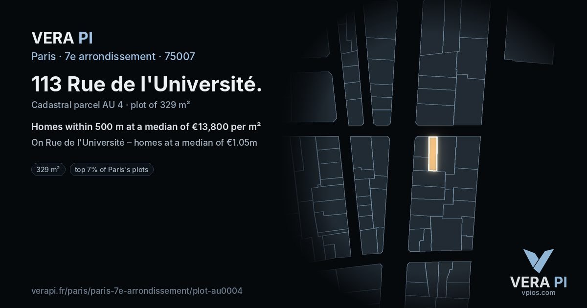 113 Rue de l'Université, 7e arrondissement at night – the plot lit, the parcels around coloured by the prices near them