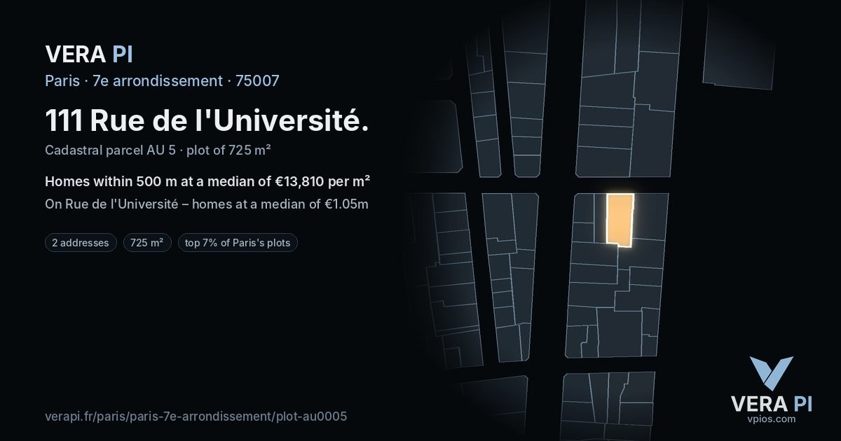 111 Rue de l'Université, 7e arrondissement at night – the plot lit, the parcels around coloured by the prices near them