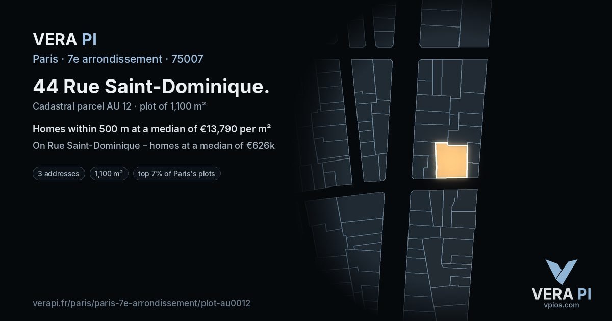 44 Rue Saint-Dominique, 7e arrondissement at night – the plot lit, the parcels around coloured by the prices near them