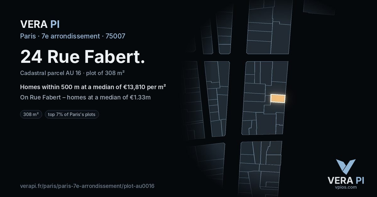 24 Rue Fabert, 7e arrondissement at night – the plot lit, the parcels around coloured by the prices near them