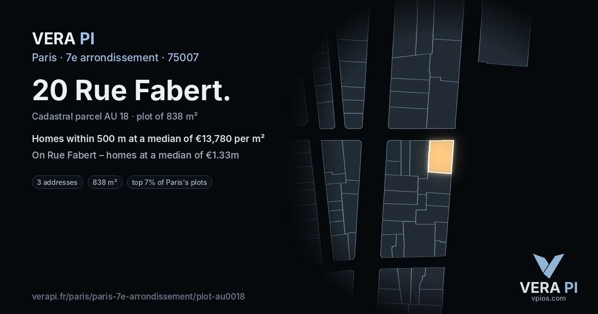 20 Rue Fabert, 7e arrondissement at night – the plot lit, the parcels around coloured by the prices near them