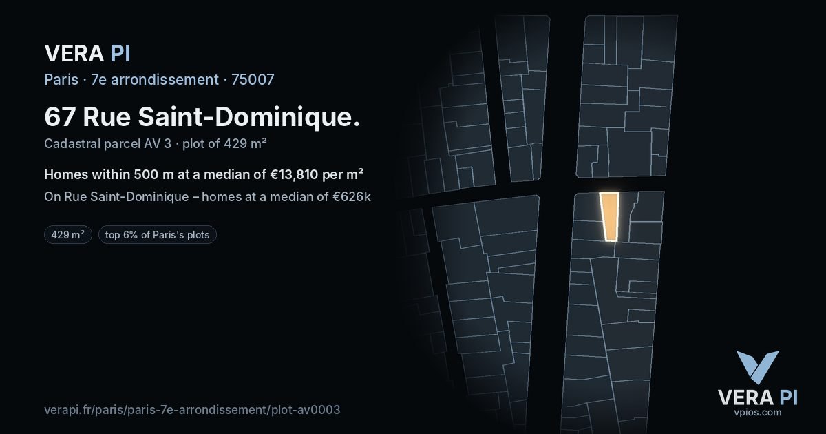 67 Rue Saint-Dominique, 7e arrondissement at night – the plot lit, the parcels around coloured by the prices near them