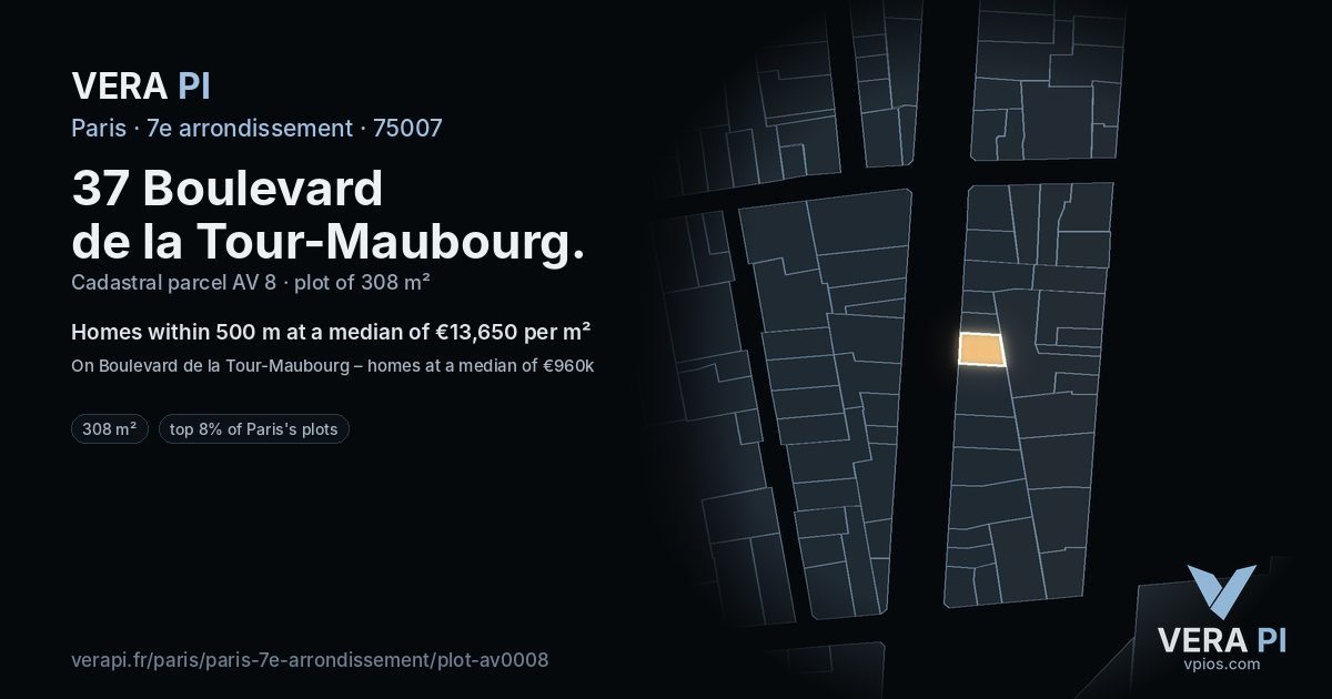 37 Boulevard de la Tour-Maubourg, 7e arrondissement at night – the plot lit, the parcels around coloured by the prices near them