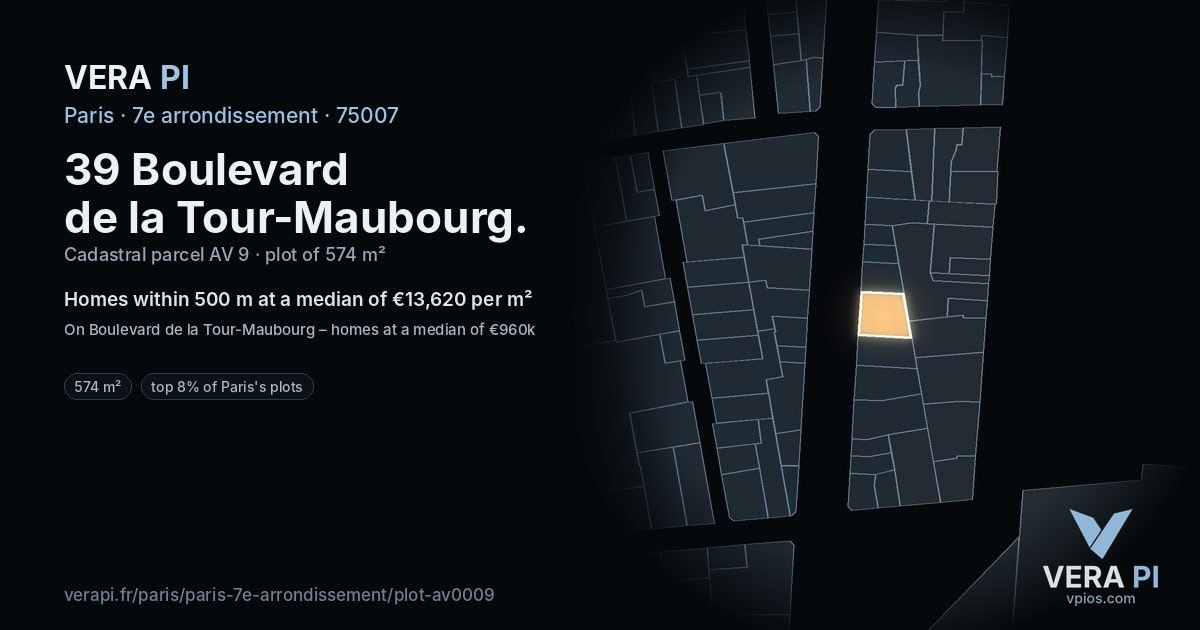 39 Boulevard de la Tour-Maubourg, 7e arrondissement at night – the plot lit, the parcels around coloured by the prices near them