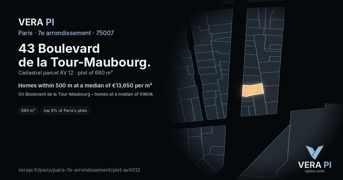 43 Boulevard de la Tour-Maubourg, 7e arrondissement at night – the plot lit, the parcels around coloured by the prices near them