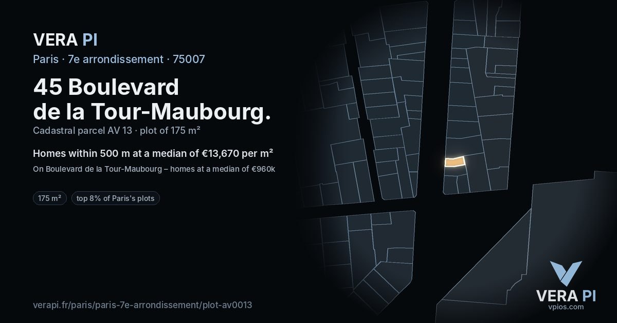 45 Boulevard de la Tour-Maubourg, 7e arrondissement at night – the plot lit, the parcels around coloured by the prices near them