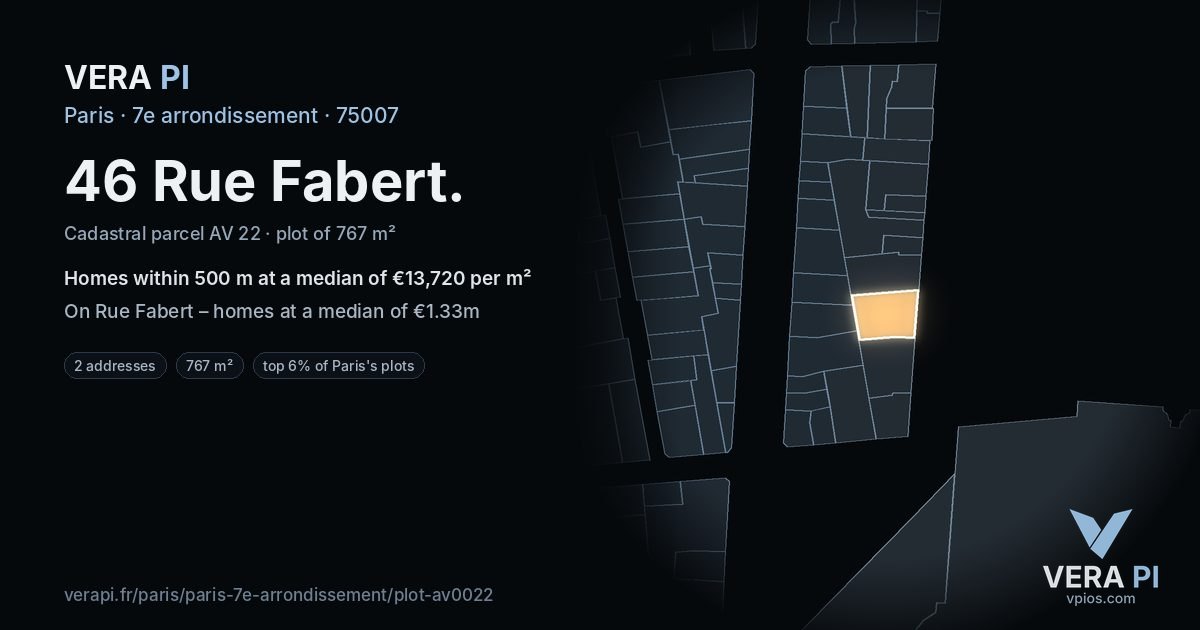 46 Rue Fabert, 7e arrondissement at night – the plot lit, the parcels around coloured by the prices near them