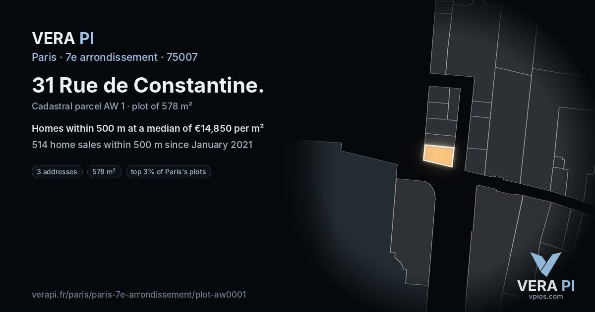 31 Rue de Constantine, 7e arrondissement at night – the plot lit, the parcels around coloured by the prices near them