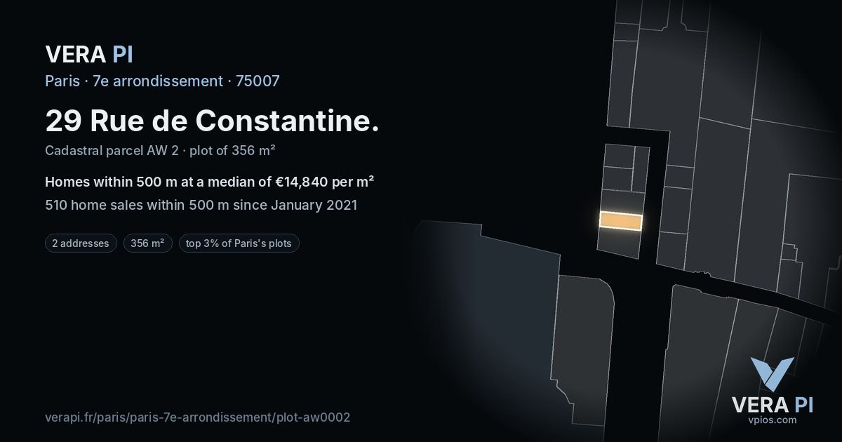 29 Rue de Constantine, 7e arrondissement at night – the plot lit, the parcels around coloured by the prices near them