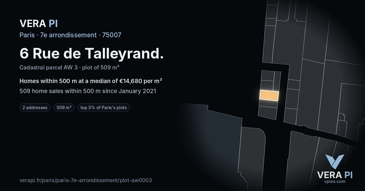 6 Rue de Talleyrand, 7e arrondissement at night – the plot lit, the parcels around coloured by the prices near them
