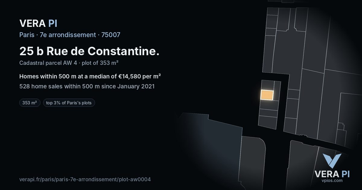 25 b Rue de Constantine, 7e arrondissement at night – the plot lit, the parcels around coloured by the prices near them