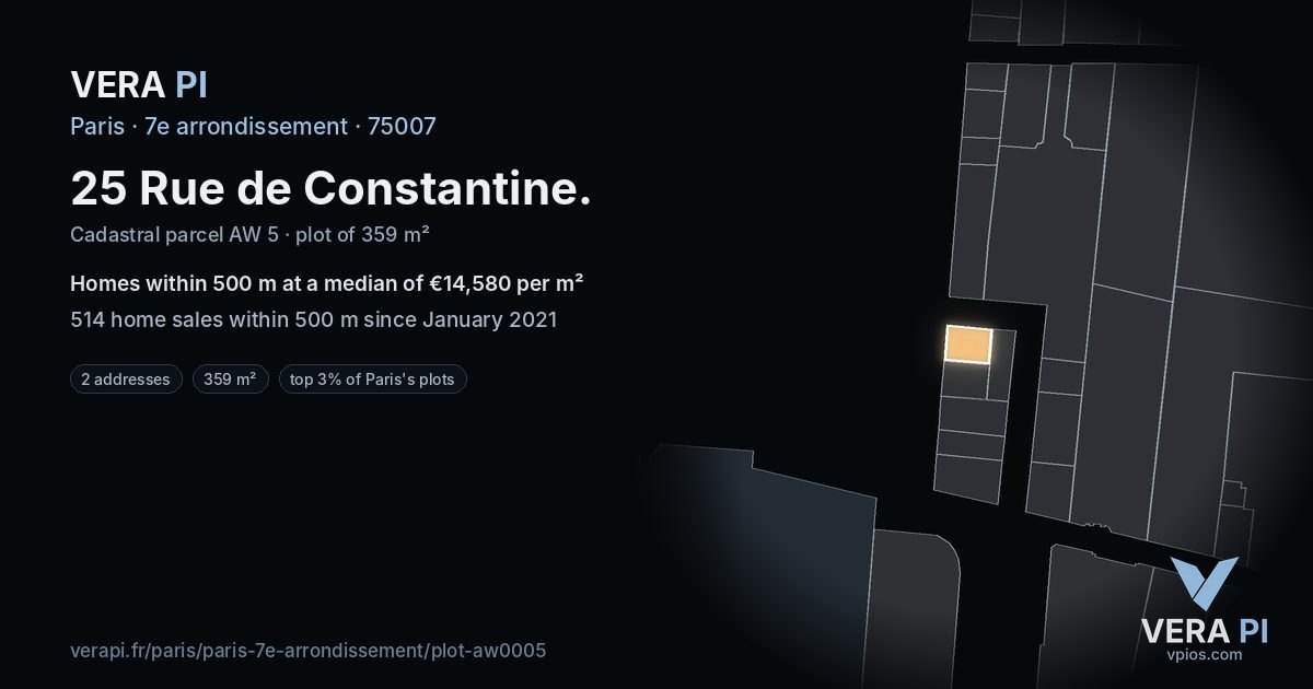25 Rue de Constantine, 7e arrondissement at night – the plot lit, the parcels around coloured by the prices near them