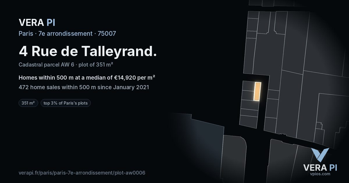 4 Rue de Talleyrand, 7e arrondissement at night – the plot lit, the parcels around coloured by the prices near them