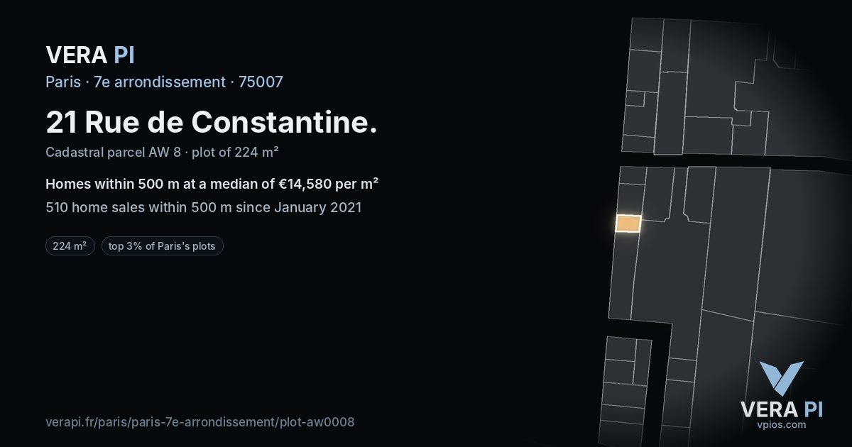21 Rue de Constantine, 7e arrondissement at night – the plot lit, the parcels around coloured by the prices near them
