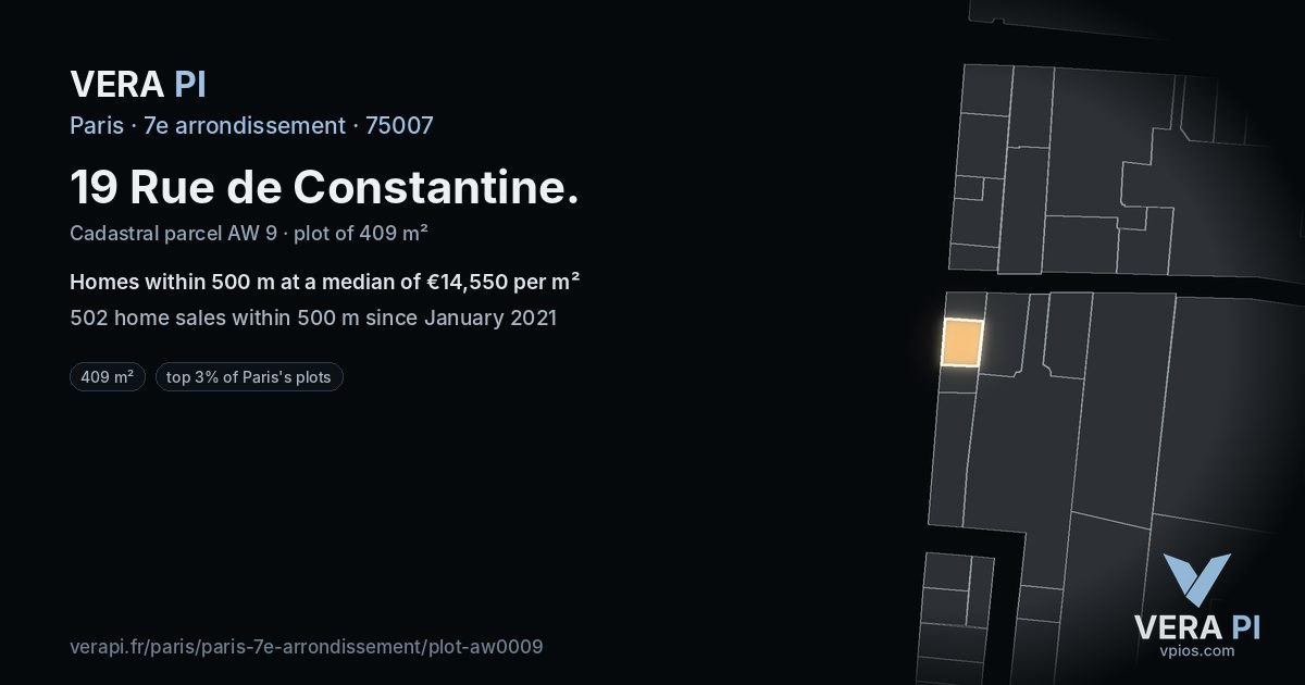 19 Rue de Constantine, 7e arrondissement at night – the plot lit, the parcels around coloured by the prices near them