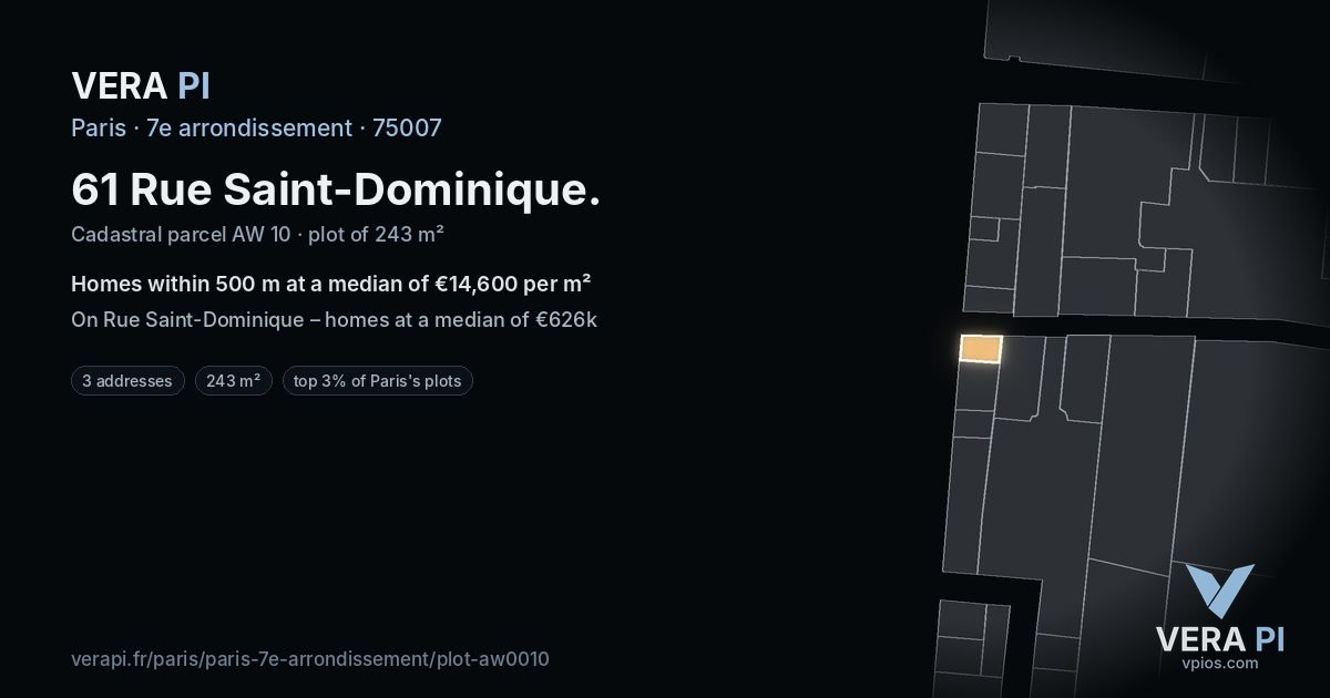 61 Rue Saint-Dominique, 7e arrondissement at night – the plot lit, the parcels around coloured by the prices near them