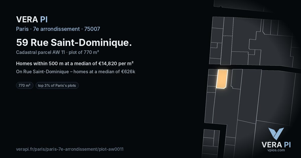 59 Rue Saint-Dominique, 7e arrondissement at night – the plot lit, the parcels around coloured by the prices near them