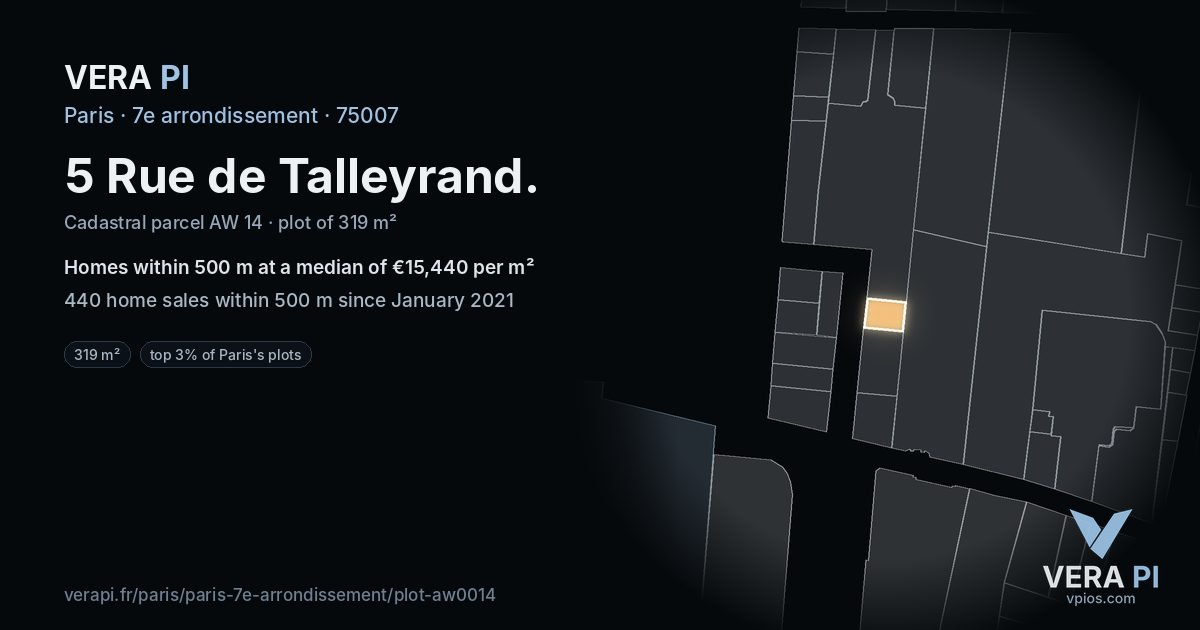 5 Rue de Talleyrand, 7e arrondissement at night – the plot lit, the parcels around coloured by the prices near them