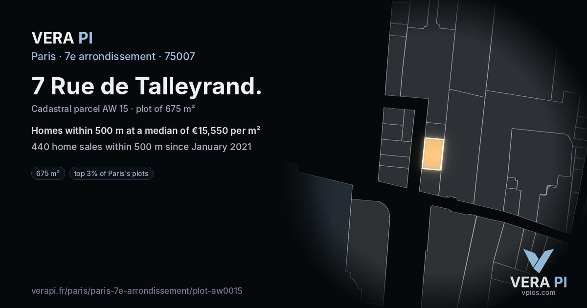 7 Rue de Talleyrand, 7e arrondissement at night – the plot lit, the parcels around coloured by the prices near them