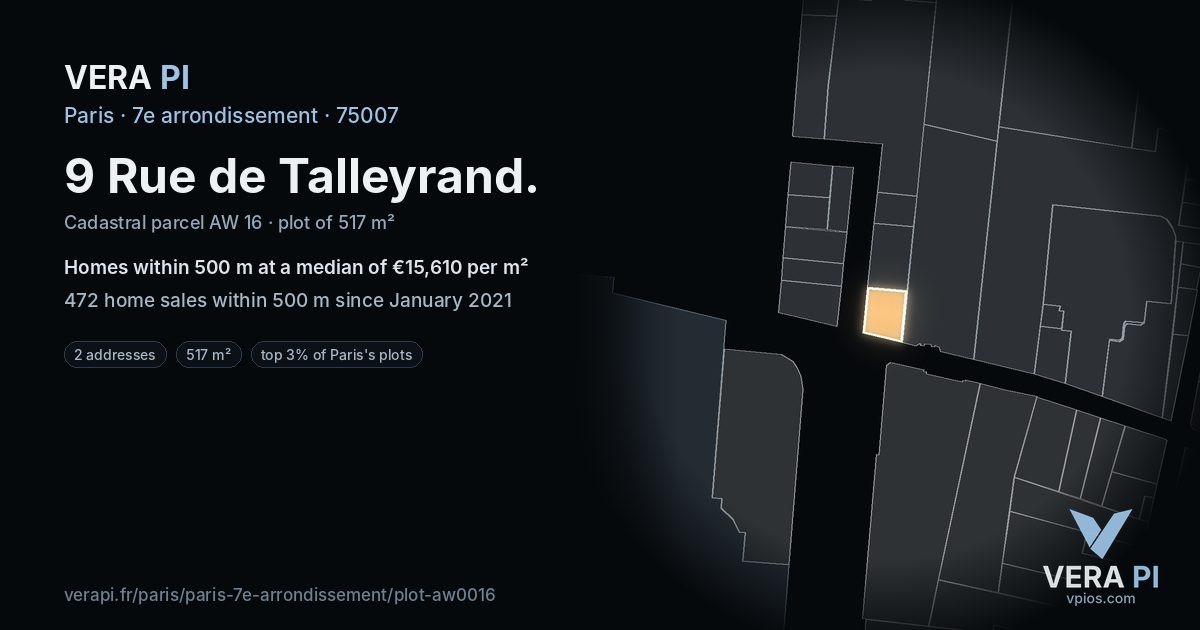9 Rue de Talleyrand, 7e arrondissement at night – the plot lit, the parcels around coloured by the prices near them