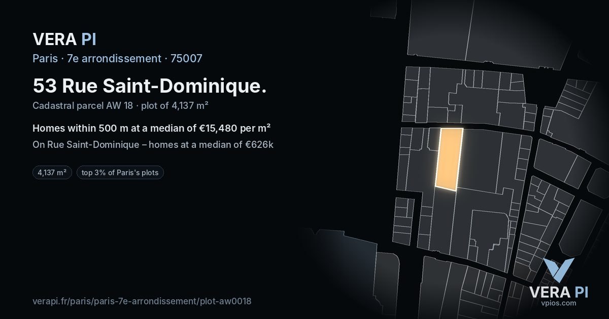 53 Rue Saint-Dominique, 7e arrondissement at night – the plot lit, the parcels around coloured by the prices near them