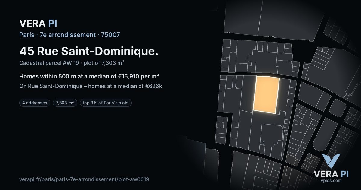 45 Rue Saint-Dominique, 7e arrondissement at night – the plot lit, the parcels around coloured by the prices near them