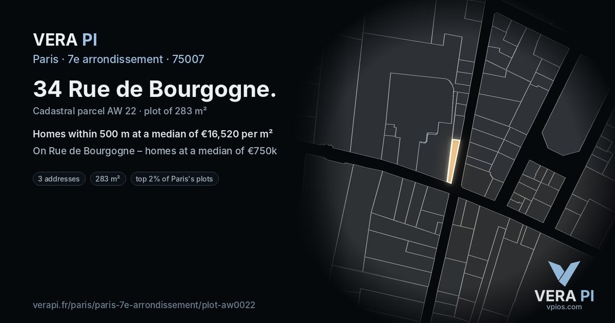 34 Rue de Bourgogne, 7e arrondissement at night – the plot lit, the parcels around coloured by the prices near them