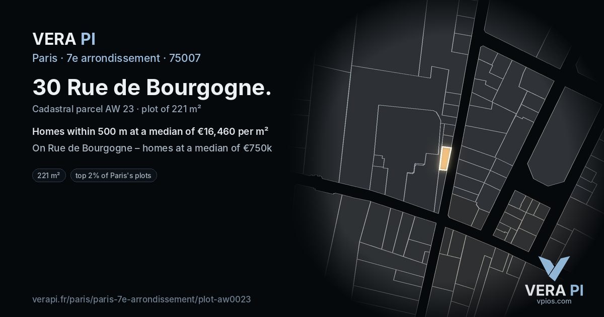 30 Rue de Bourgogne, 7e arrondissement at night – the plot lit, the parcels around coloured by the prices near them