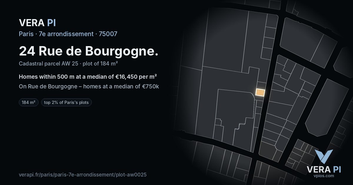 24 Rue de Bourgogne, 7e arrondissement at night – the plot lit, the parcels around coloured by the prices near them