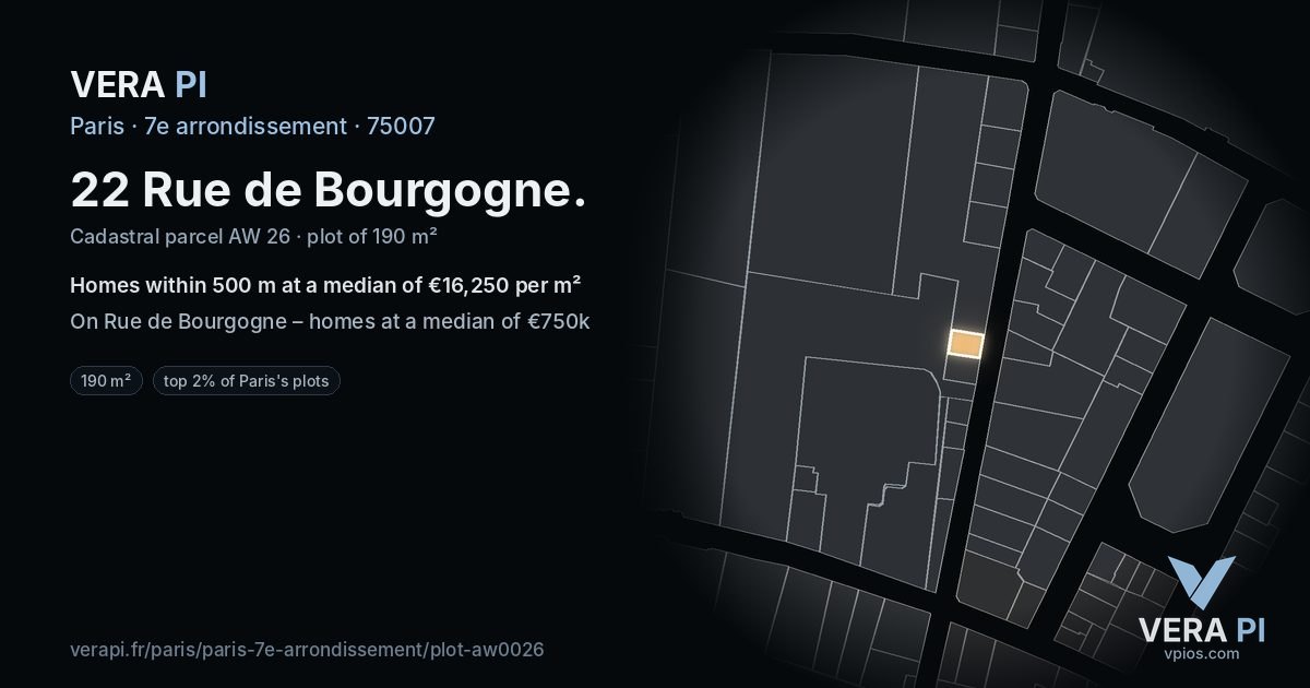22 Rue de Bourgogne, 7e arrondissement at night – the plot lit, the parcels around coloured by the prices near them