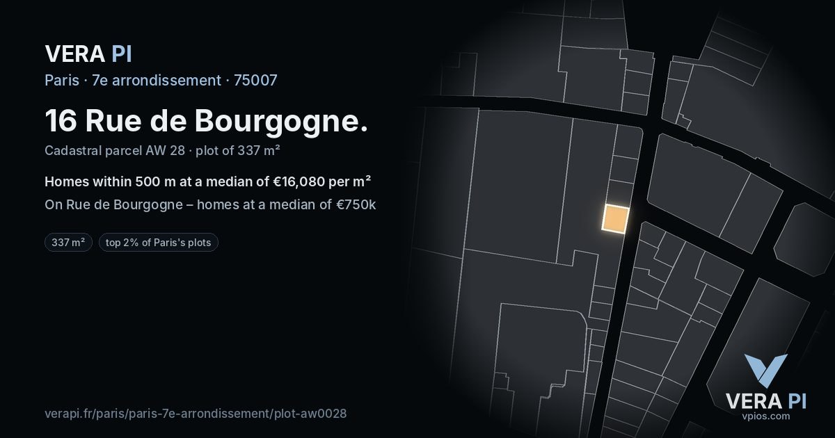 16 Rue de Bourgogne, 7e arrondissement at night – the plot lit, the parcels around coloured by the prices near them