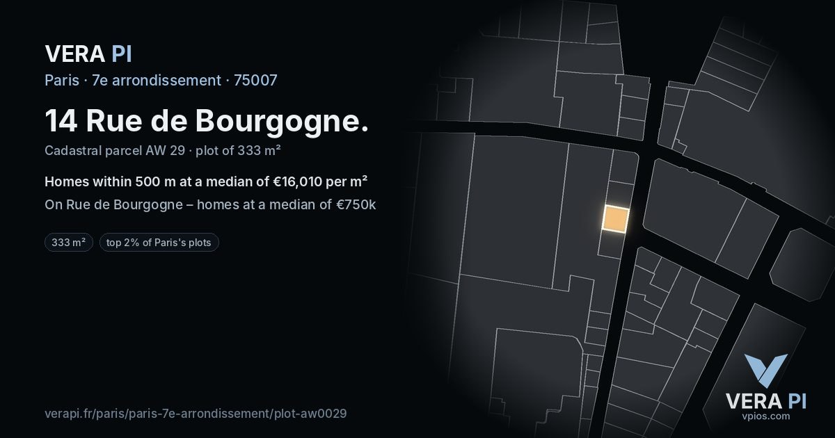 14 Rue de Bourgogne, 7e arrondissement at night – the plot lit, the parcels around coloured by the prices near them