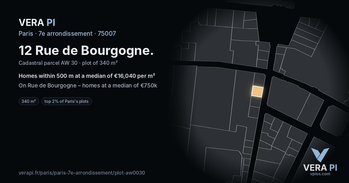 12 Rue de Bourgogne, 7e arrondissement at night – the plot lit, the parcels around coloured by the prices near them