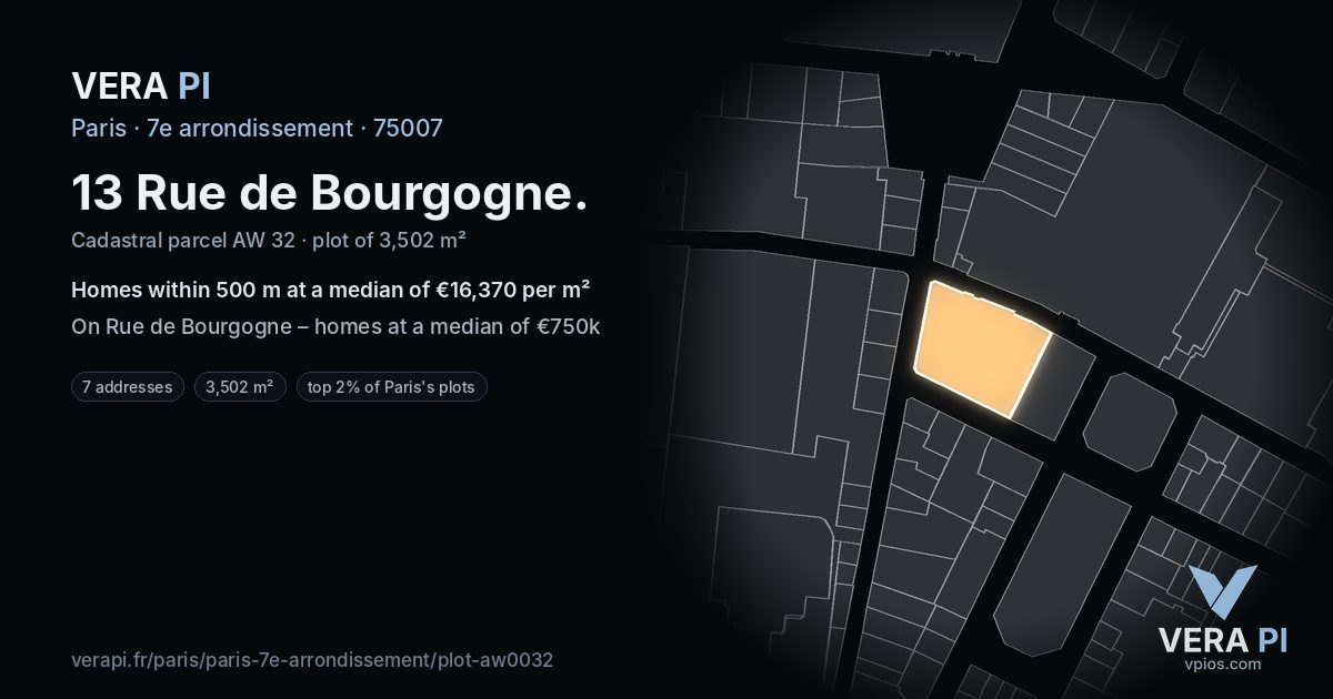 13 Rue de Bourgogne, 7e arrondissement at night – the plot lit, the parcels around coloured by the prices near them