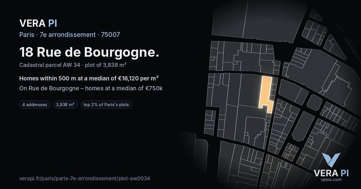 18 Rue de Bourgogne, 7e arrondissement at night – the plot lit, the parcels around coloured by the prices near them