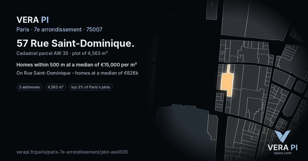 57 Rue Saint-Dominique, 7e arrondissement at night – the plot lit, the parcels around coloured by the prices near them
