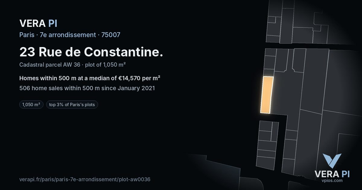 23 Rue de Constantine, 7e arrondissement at night – the plot lit, the parcels around coloured by the prices near them