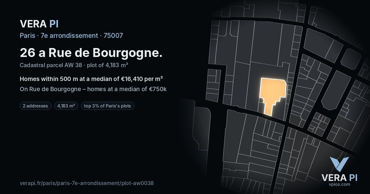 26 a Rue de Bourgogne, 7e arrondissement at night – the plot lit, the parcels around coloured by the prices near them