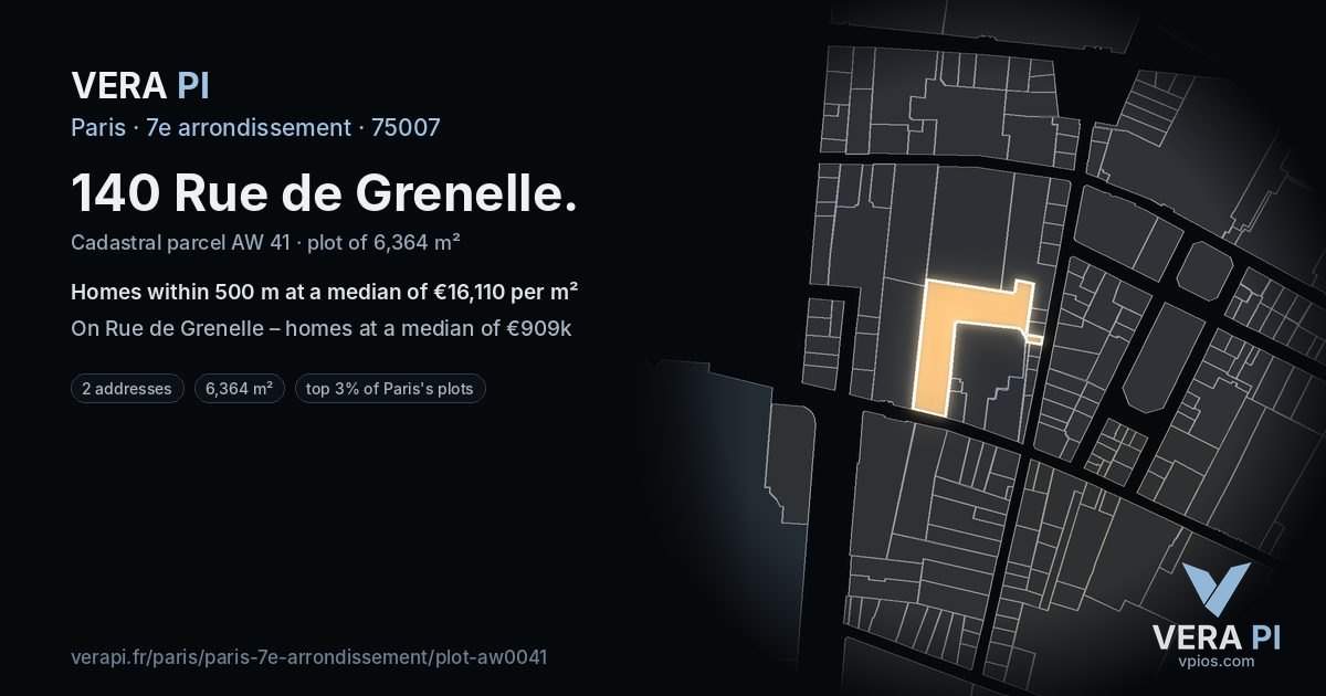 140 Rue de Grenelle, 7e arrondissement at night – the plot lit, the parcels around coloured by the prices near them