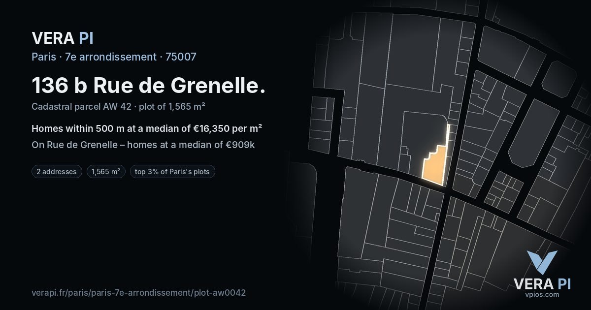 136 b Rue de Grenelle, 7e arrondissement at night – the plot lit, the parcels around coloured by the prices near them