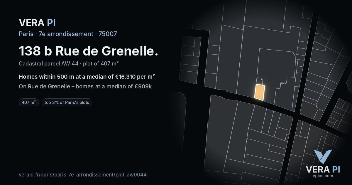 138 b Rue de Grenelle, 7e arrondissement at night – the plot lit, the parcels around coloured by the prices near them