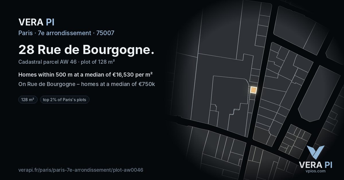 28 Rue de Bourgogne, 7e arrondissement at night – the plot lit, the parcels around coloured by the prices near them