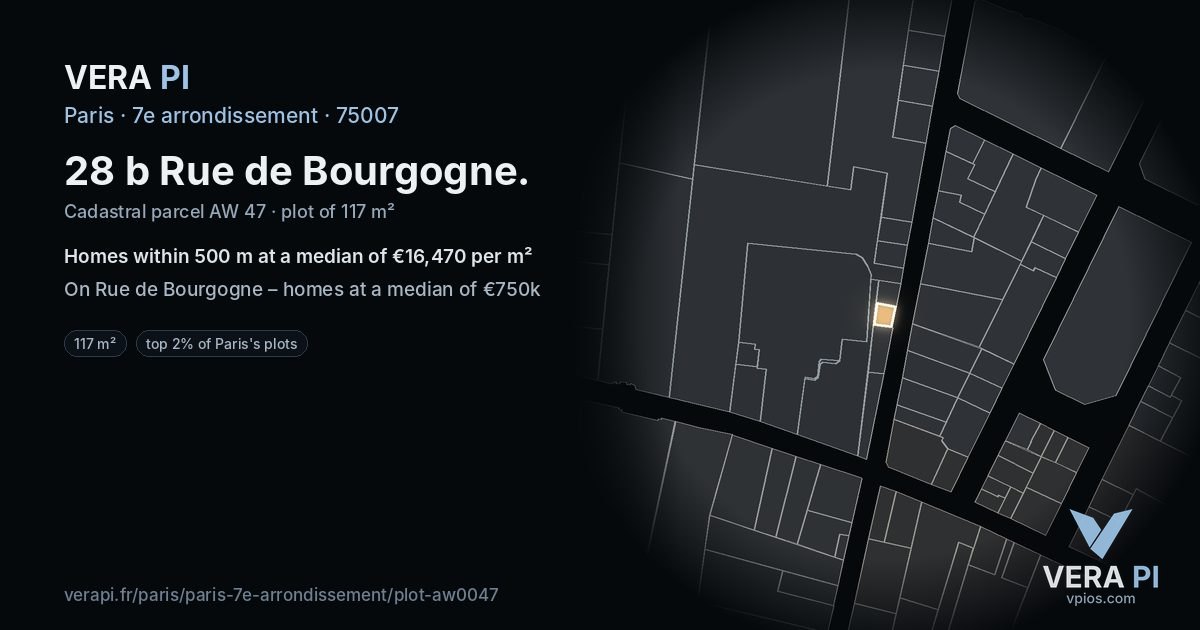 28 b Rue de Bourgogne, 7e arrondissement at night – the plot lit, the parcels around coloured by the prices near them