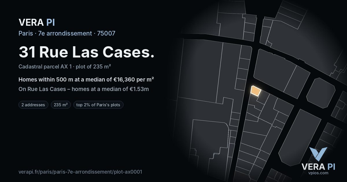 31 Rue Las Cases, 7e arrondissement at night – the plot lit, the parcels around coloured by the prices near them