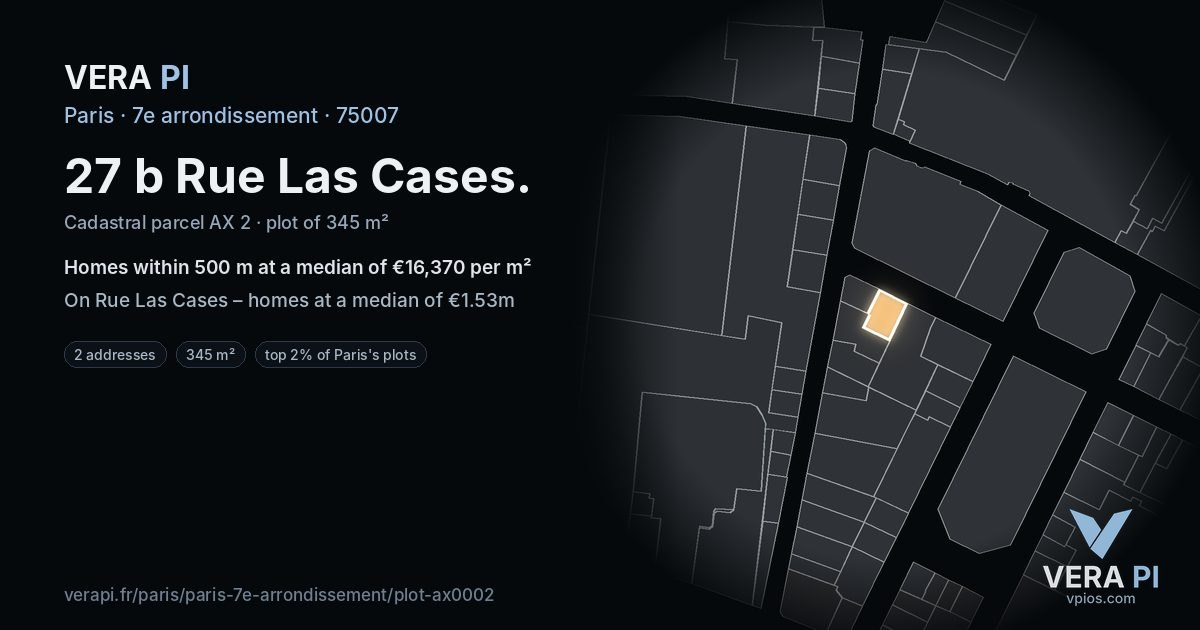 27 b Rue Las Cases, 7e arrondissement at night – the plot lit, the parcels around coloured by the prices near them
